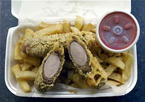 Stonner Kebabs Deep fried sausages wrapped in doner kebab meat and battered served on a bed of french fries.  (via thesun)